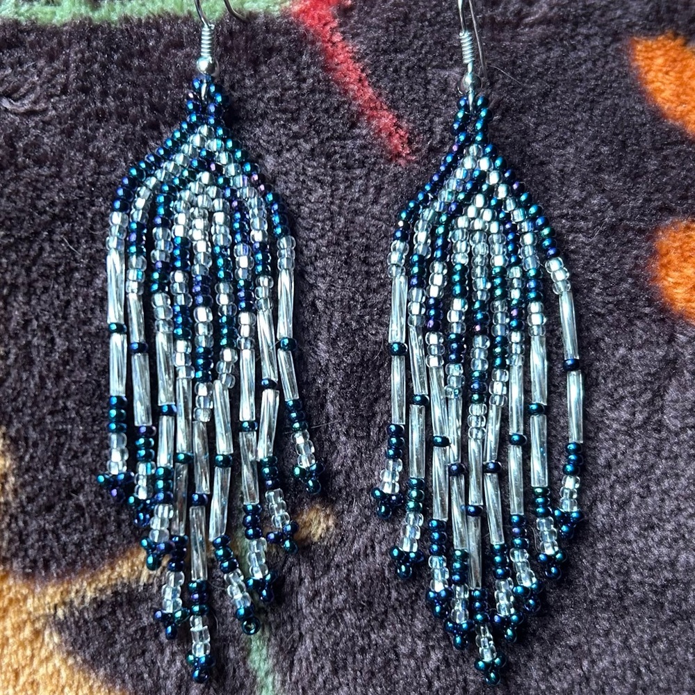 Blue and Silver Handmade Boho Earrings - Picture 2 of 3